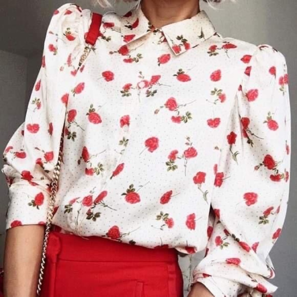 🦋 BLOGGERS FAVORITE 🦋 ZARA FLORAL PRINT PUFF-SLEEVE BLOUSE SHIRT SIZE M